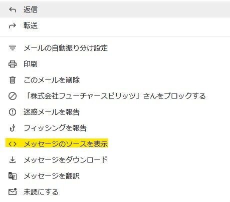 ドロップダウンから『メッセージのソースを表示』を選択する手順を示したスクリーンショット