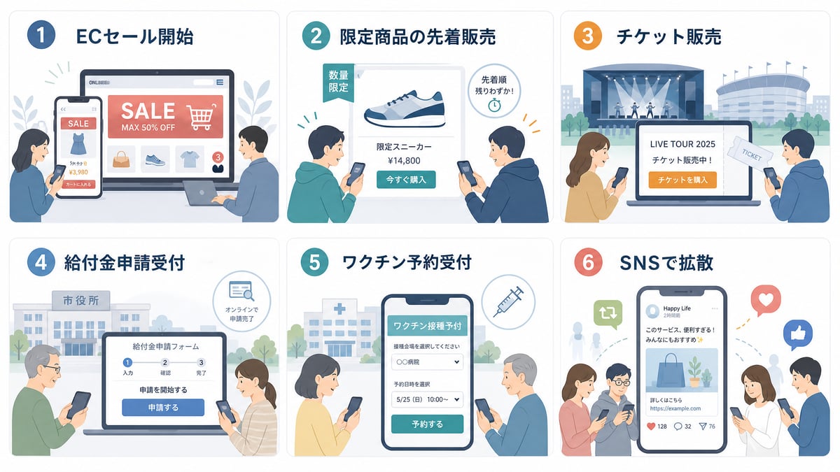 ECセール、限定商品の先着販売、チケット販売、給付金申請受付、ワクチン予約受付、SNS拡散の6場面を1枚で表現した、アクセス集中が起こりやすいケースの説明イラスト