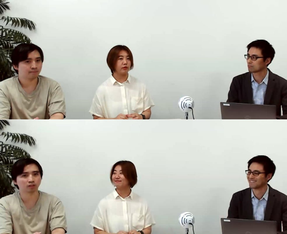 第3部の座談会でインドネシア出身のケネディ・韓国出身の呉・進行役東條が意見交換する様子